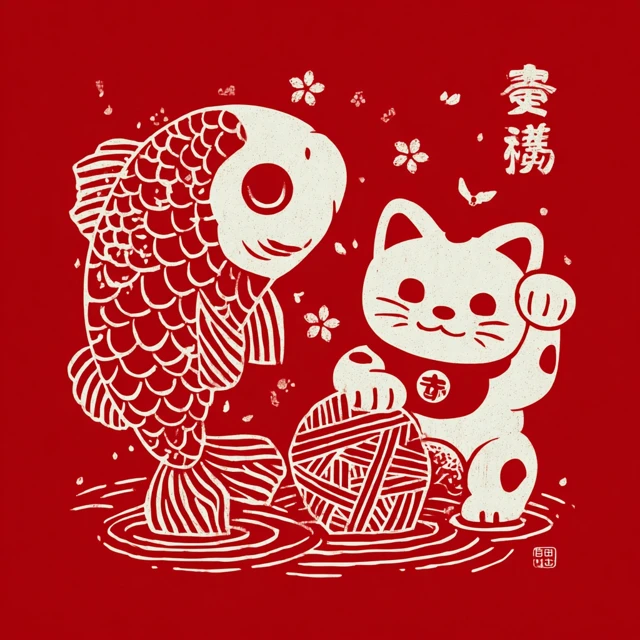 Chinese Paper Cut Art Koi Fish and Lucky Cat