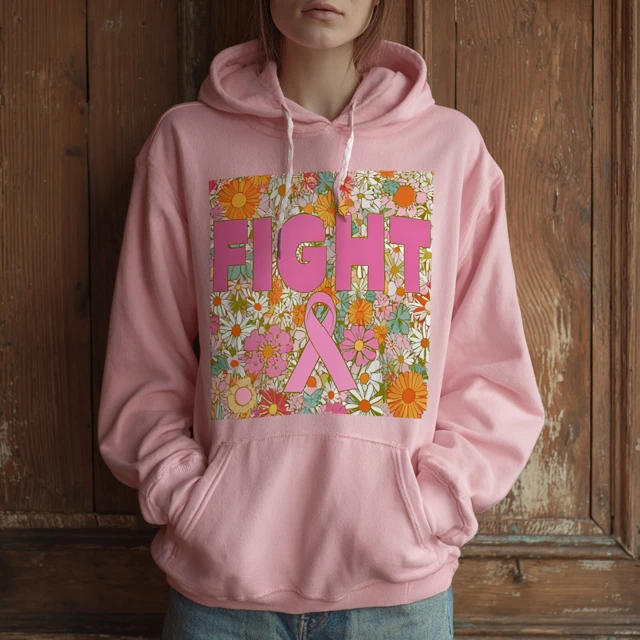 Pink FIGHT Hoodie Floral Design Positive Support Womens Casual