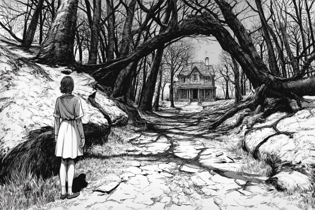 Spooky Forest Path to Haunted House Illustration