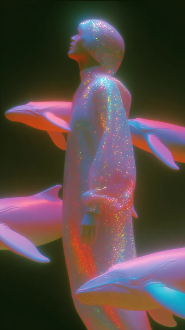 Woman in Space Whales Levitation Hyperrealism