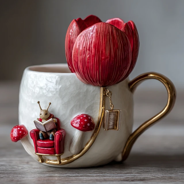 Whimsical Ceramic Mug with Snail Reading in a Tulip