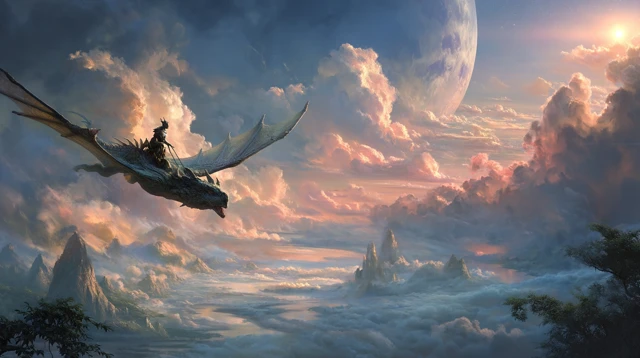 Fantasy Dragon Flight Landscape with Two Suns