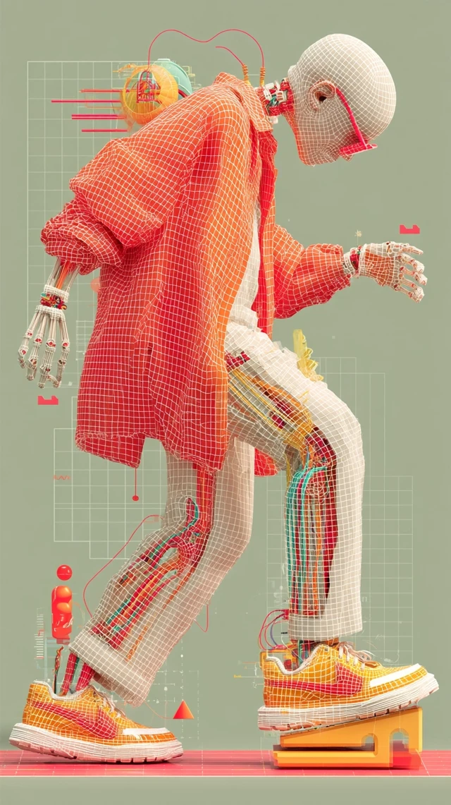 Futuristic Wireframe Man Dancing: 80s Retro Art