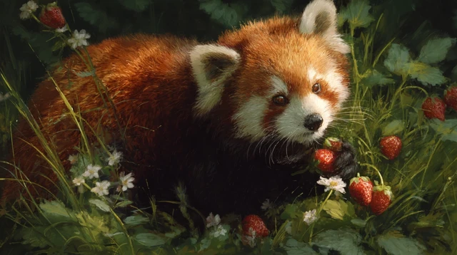Red Panda Eating Strawberries in the Grass