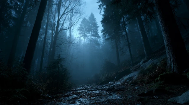 Eerie Night Forest Photo: Shadows and Mist