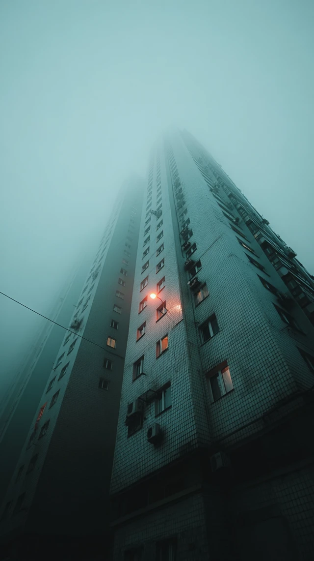 Retrofuturistic Skyscraper in Turquoise Fog