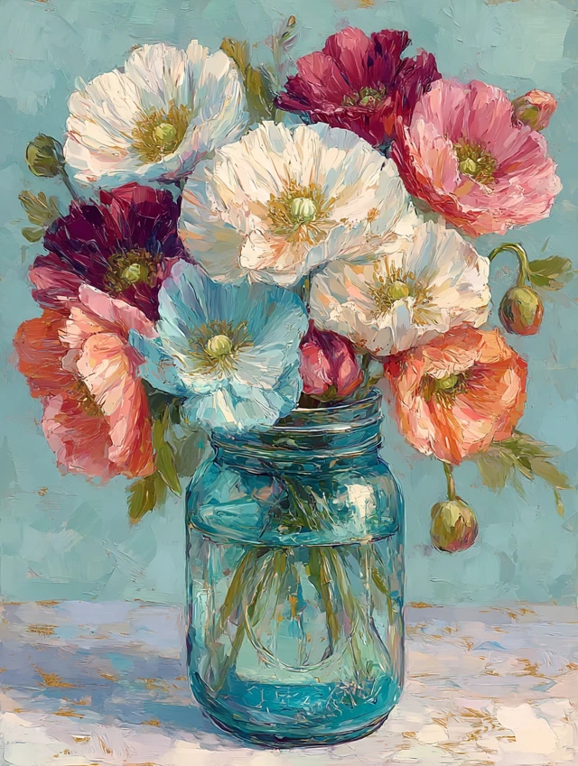 Whimsical Poppy Flowers in Vase Modern Art