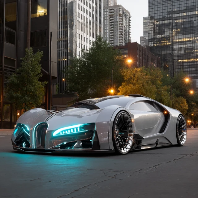 Futuristic Silver Car Concept in Urban Cityscape