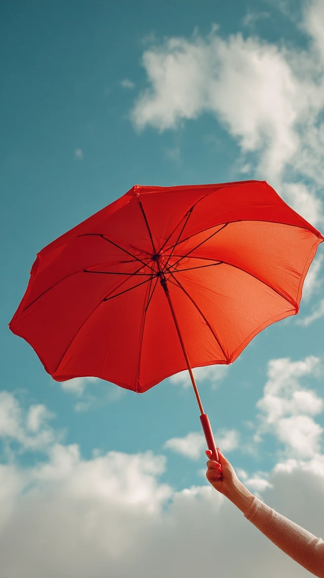 Red Umbrella Against Sky Wes Anderson Style
