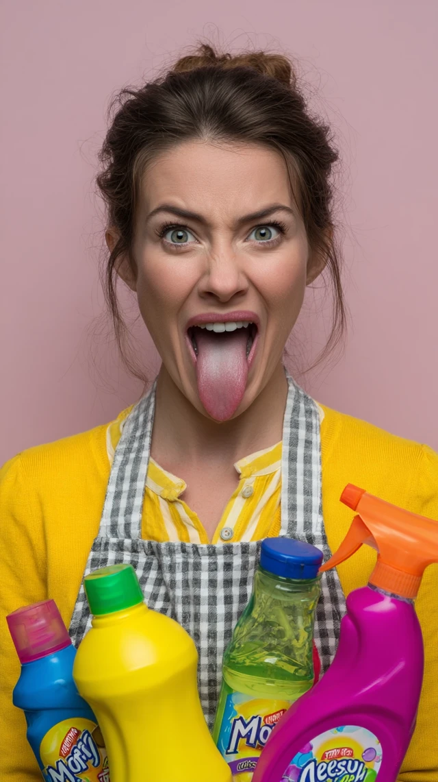Woman Making Funny Face Holding Cleaning Products