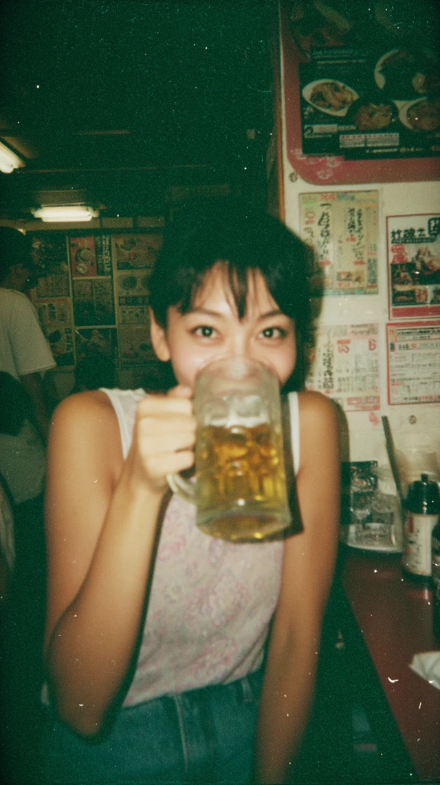 Young Japanese Woman Enjoying Beer at Retro Diner