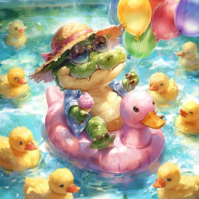 Cute Alligator with Ice Cream on a Rubber Duck