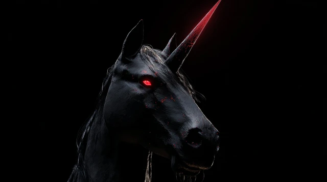 Black Unicorn Head Shot with Red Glowing Horn and Eyes