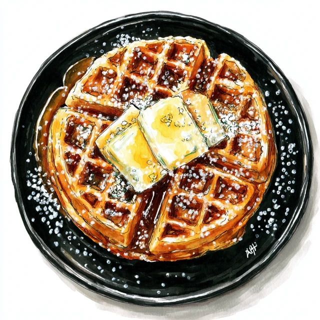 Waffle with Butter Sketch on Black Plate