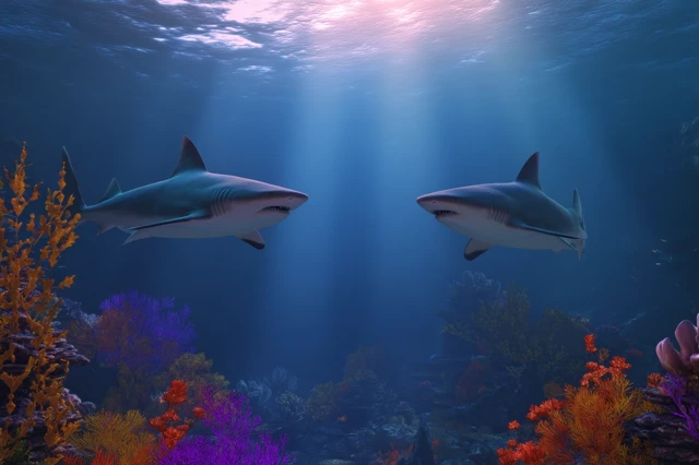 Underwater Sharks in the Deep Blue Sea 3D Render