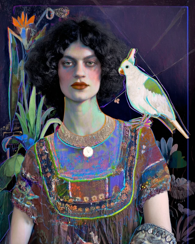 Dark Solarized Retro Portrait with Bird