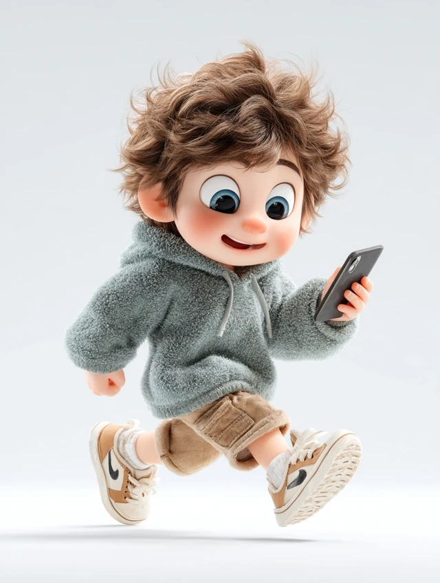 Cheerful Pixar-Style Child with Smartphone 3D Render