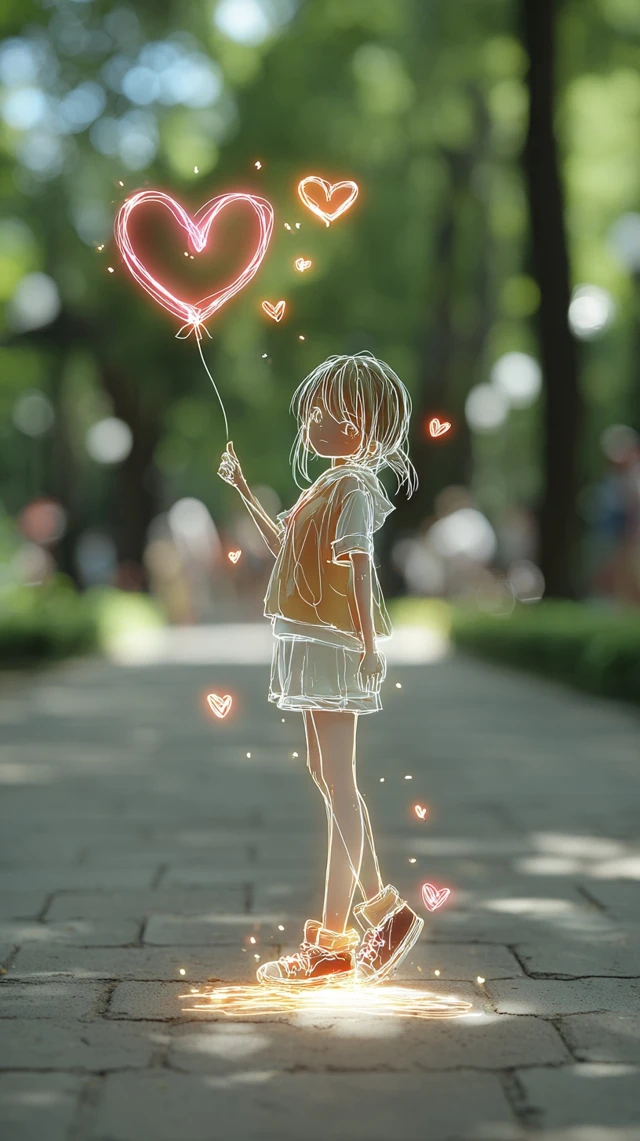 Anime Girl with Neon Heart in Summer Park