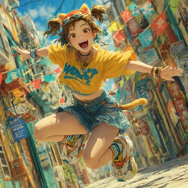 Anime Cat Girl Jumps Into City Street Cheerful Summer