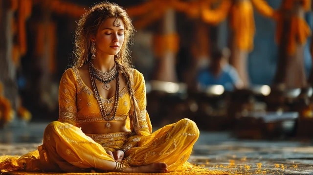 Indian Woman Meditating in Temple: Peaceful Aura