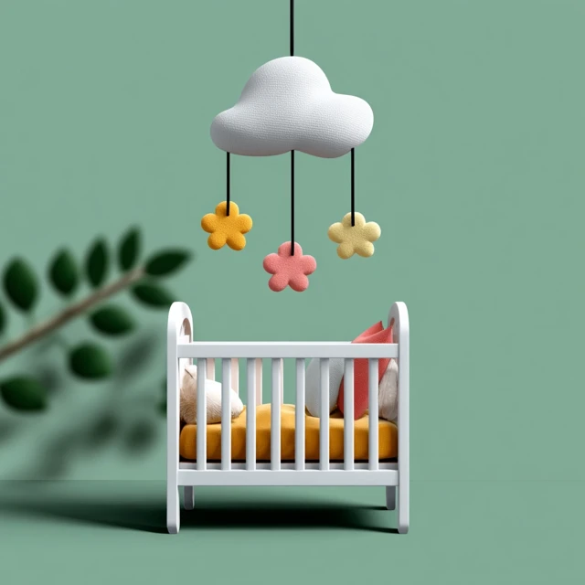 Cozy Baby Crib with Mobile Pastel Green Background