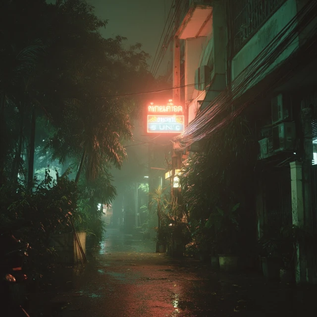 Bangkok Night Scene Neon Lights and Misty Atmosphere