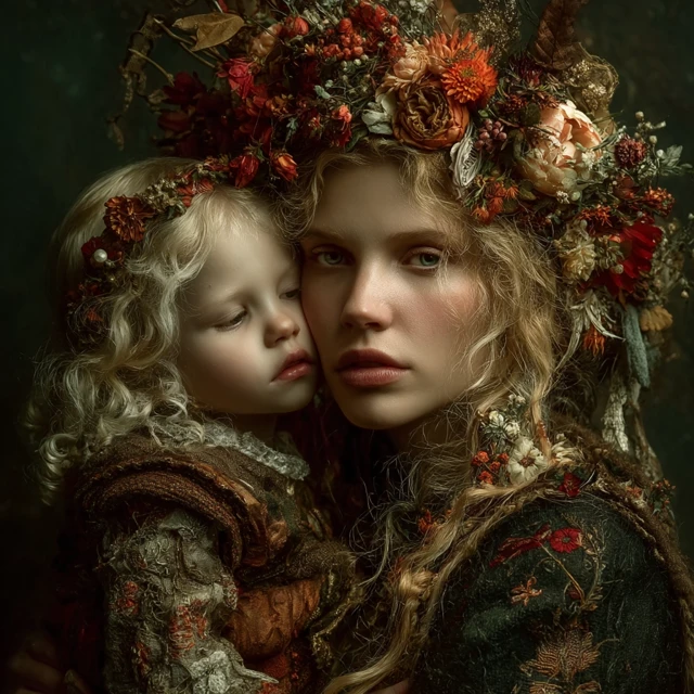 Mother and Child Surreal Floral Portrait