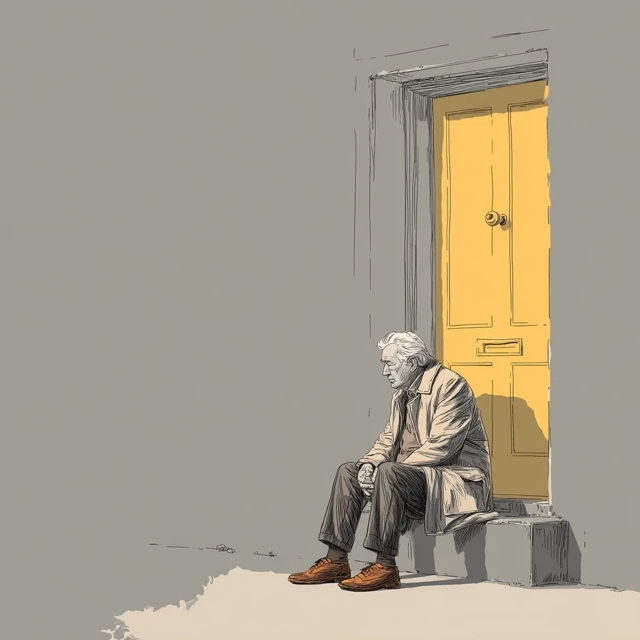 Elderly Person Sitting by Door Hand Painted