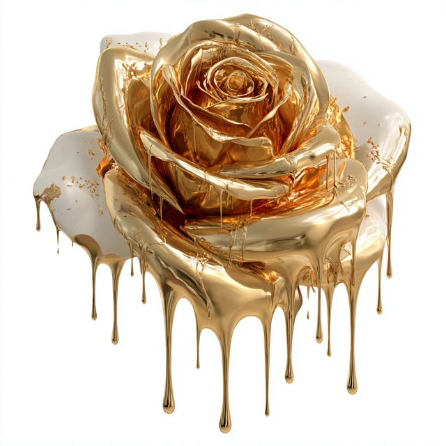 3D Gold Rose Dripping Liquid Metal Art
