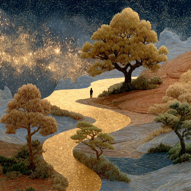 Japanese Watercolor Landscape Golden Paths