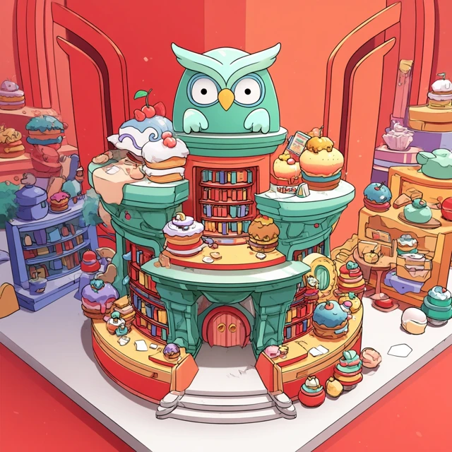 Kawaii Owl Library Dessert Shop Cartoon