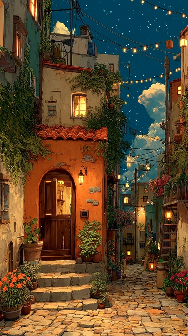 Cozy Mediterranean Courtyard Anime Night Scene