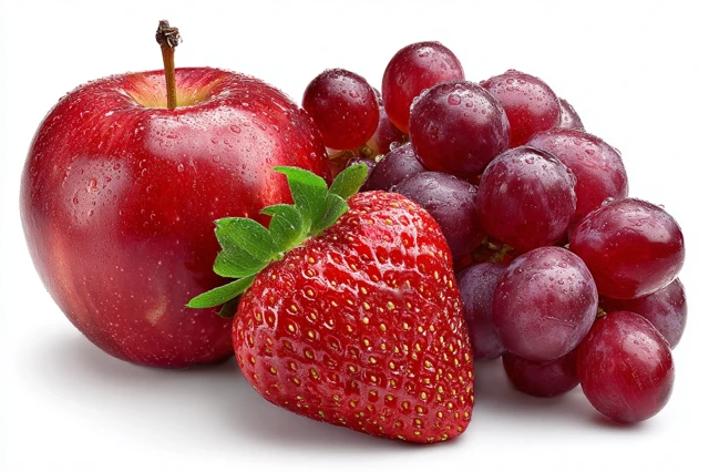Fresh Strawberry Grapes and Red Apple on White