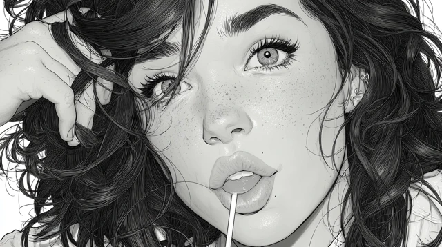 Ink Sketch Portrait of a Woman with Lollipop