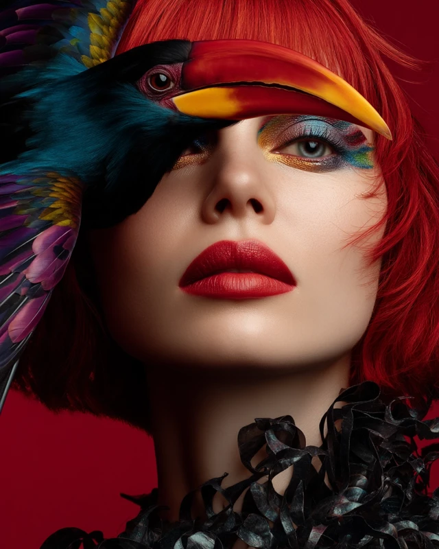 Red Haired Girl Portrait Surreal Hornbill Fashion