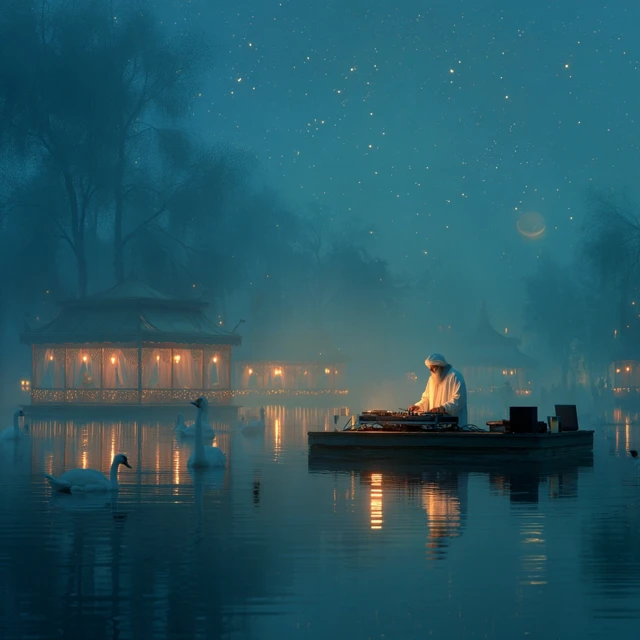 DJ on a Pond Moonlit Scene with Swans