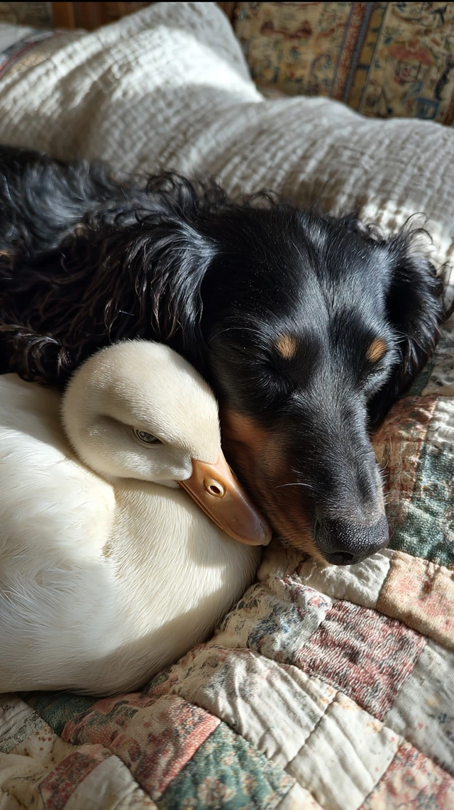 Dachshund and Duck Sleeping Cute Pets Snuggled Up