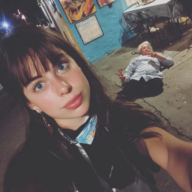 Waitress Selfie with Old Woman in Background Restaurant