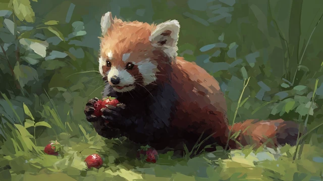 Red Panda Eating Strawberries in the Grass