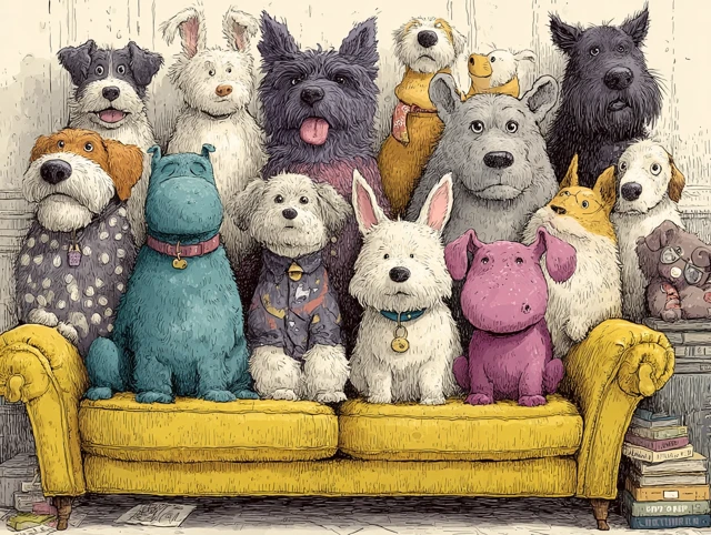 Funny and Cute Dogs on a Cozy Couch - Whimsical Cartoon