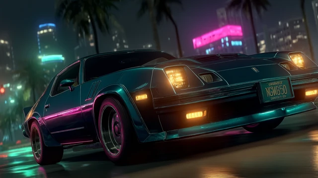 Retro Futuristic Car on Neon Lit Road