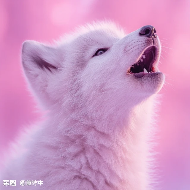 Howling White Wolf Cub Isolated on Pink