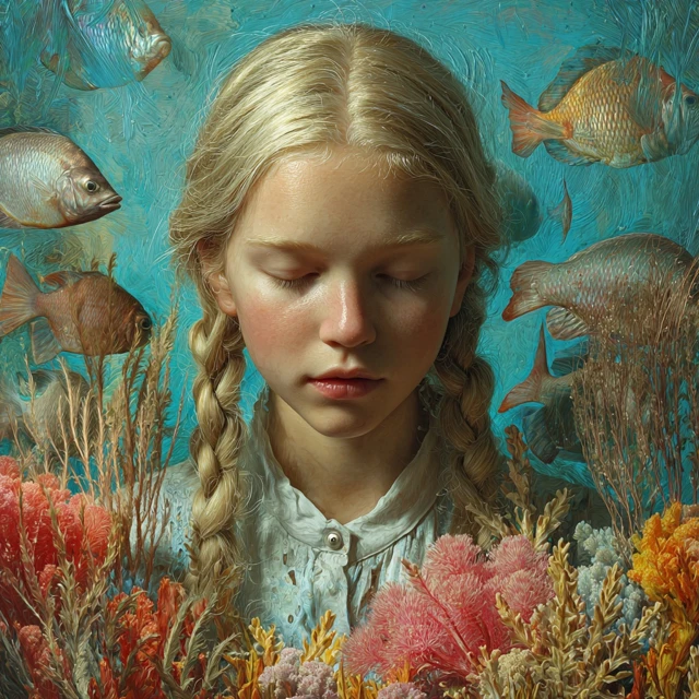 Dreamy Portrait Blonde Girl Underwater Fantasy