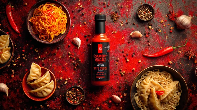 Schezwan Hot Sauce with Noodles and Momos Food Photo