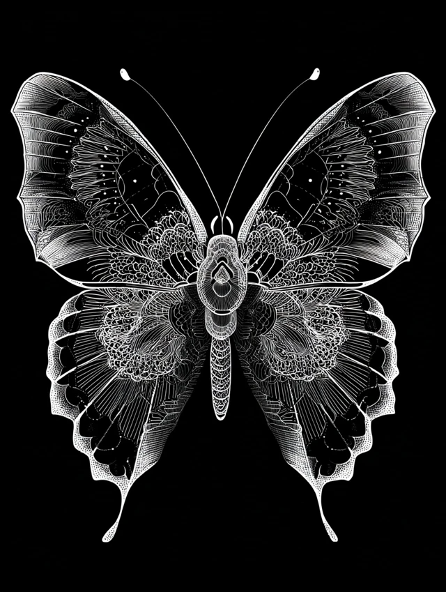 Graphic Butterfly Art White on Black Symmetry