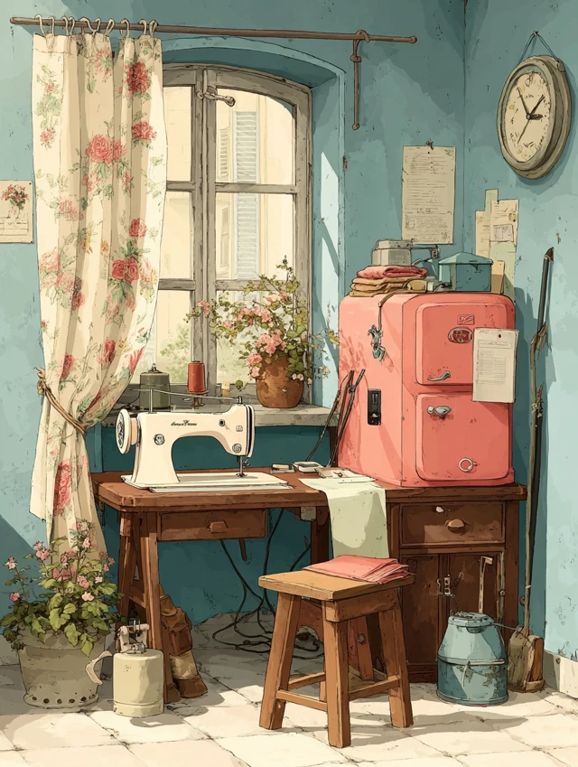 Nostalgic Sewing Room Illustration Vintage Decor