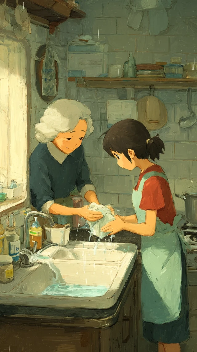 Ghibli Girl Washing Hands With Grandma