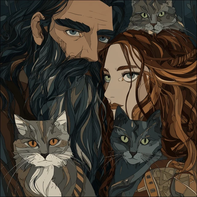 Couple with Cats in Elegant Art Style