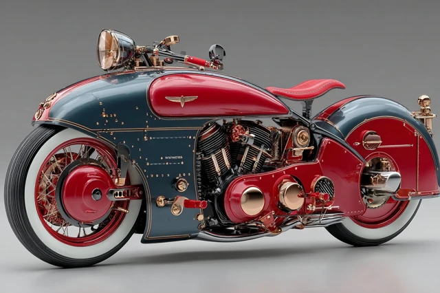 Retro Futuristic Motorcycle Design Chrome Red Black