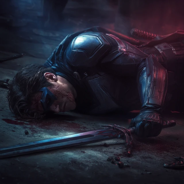 Nightwing Defeated Wounded in Leather Suit